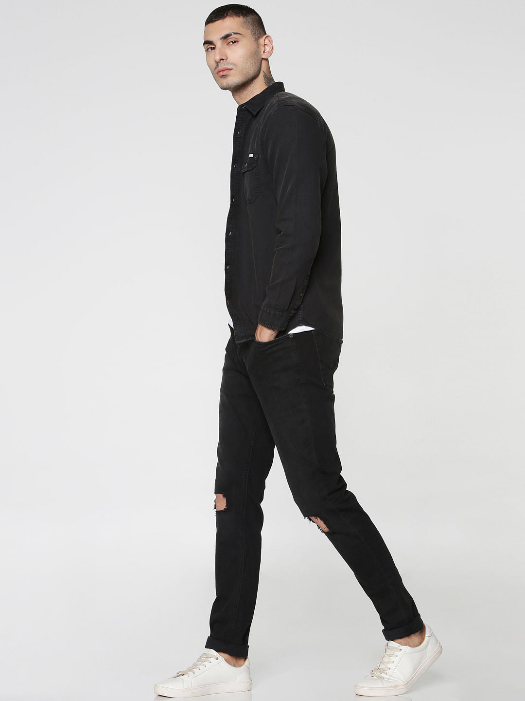Black Two Patch Flap Pocket Full Sleeves Slim Fit Shirt