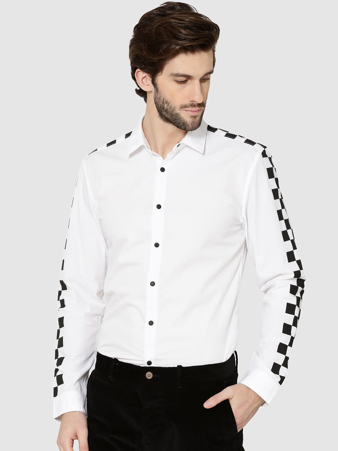 White Checker Print Sleeves Slim Fit Shirt - S