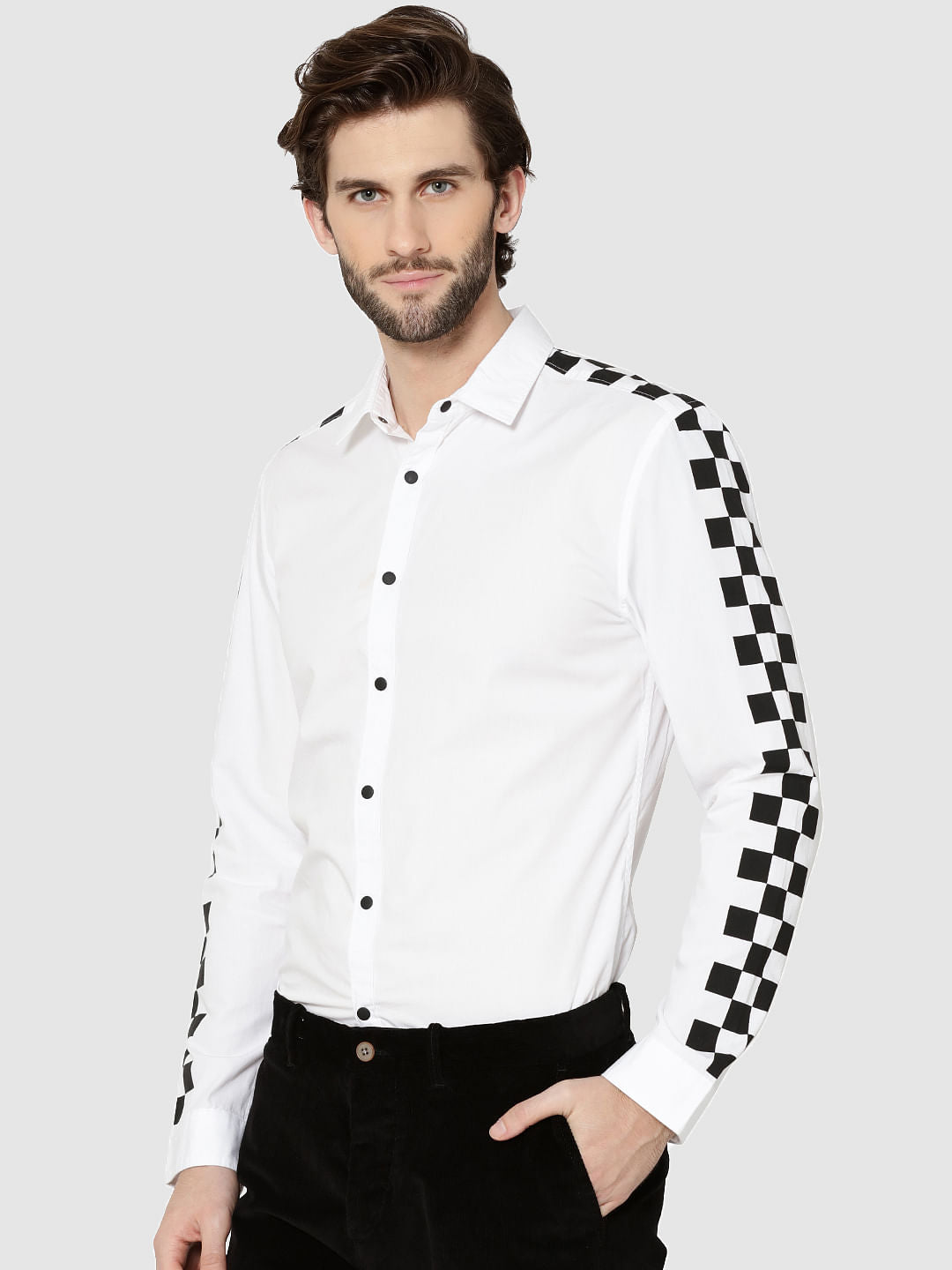 White Checker Print Sleeves Slim Fit Shirt