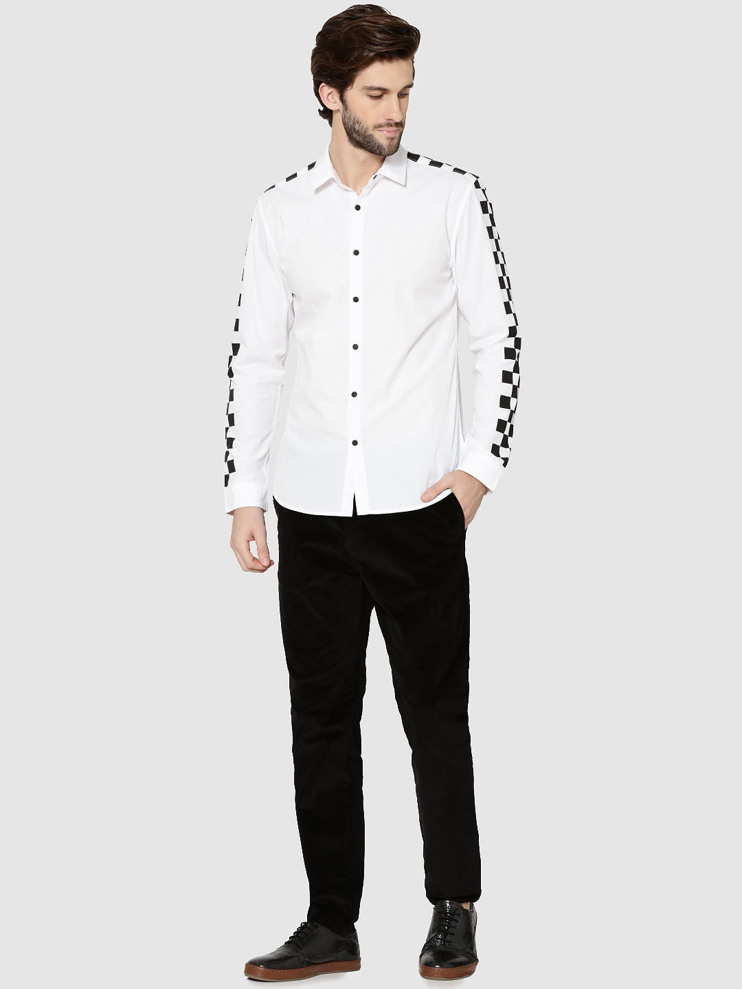 White Checker Print Sleeves Slim Fit Shirt