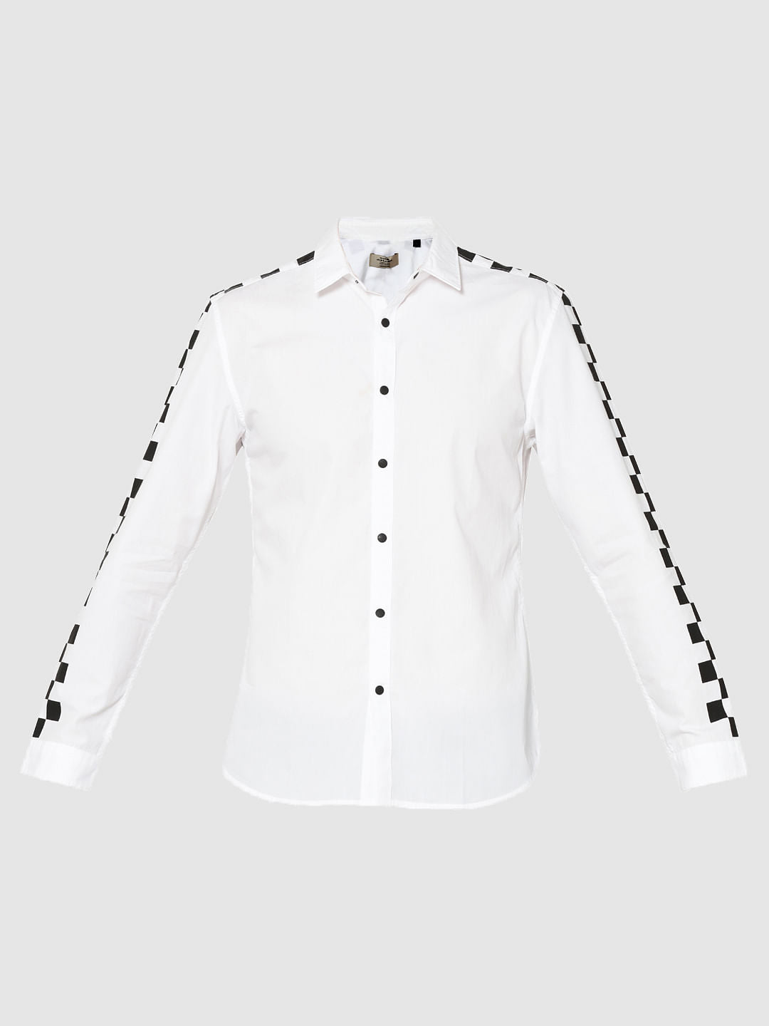 White Checker Print Sleeves Slim Fit Shirt