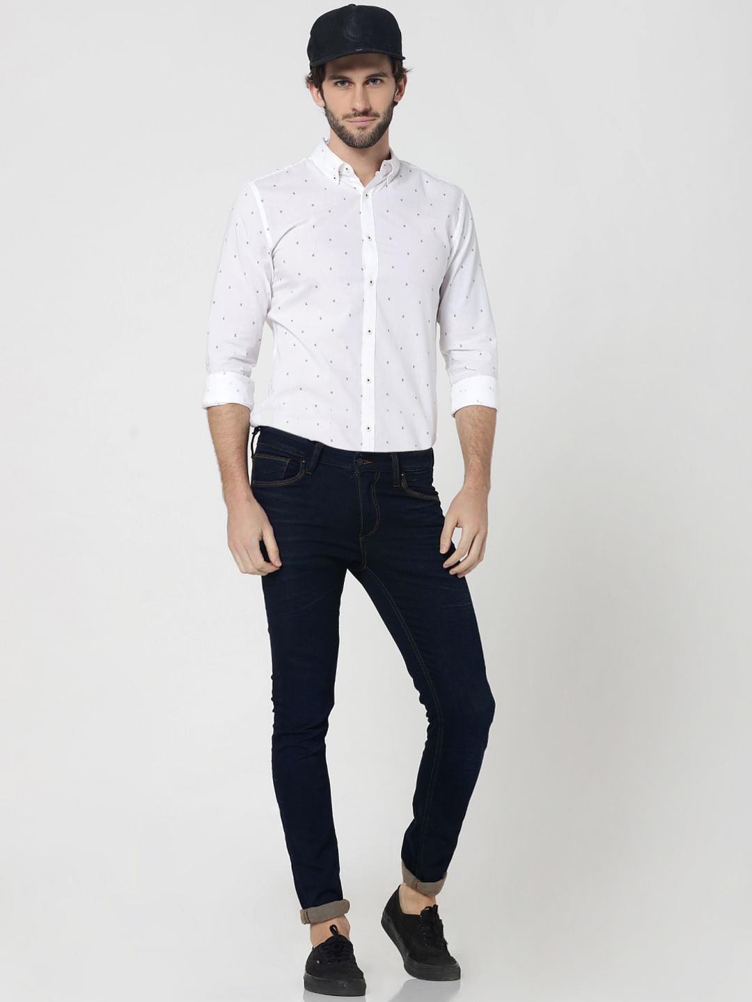 White All Over Print Full Sleeves Linen Shirt