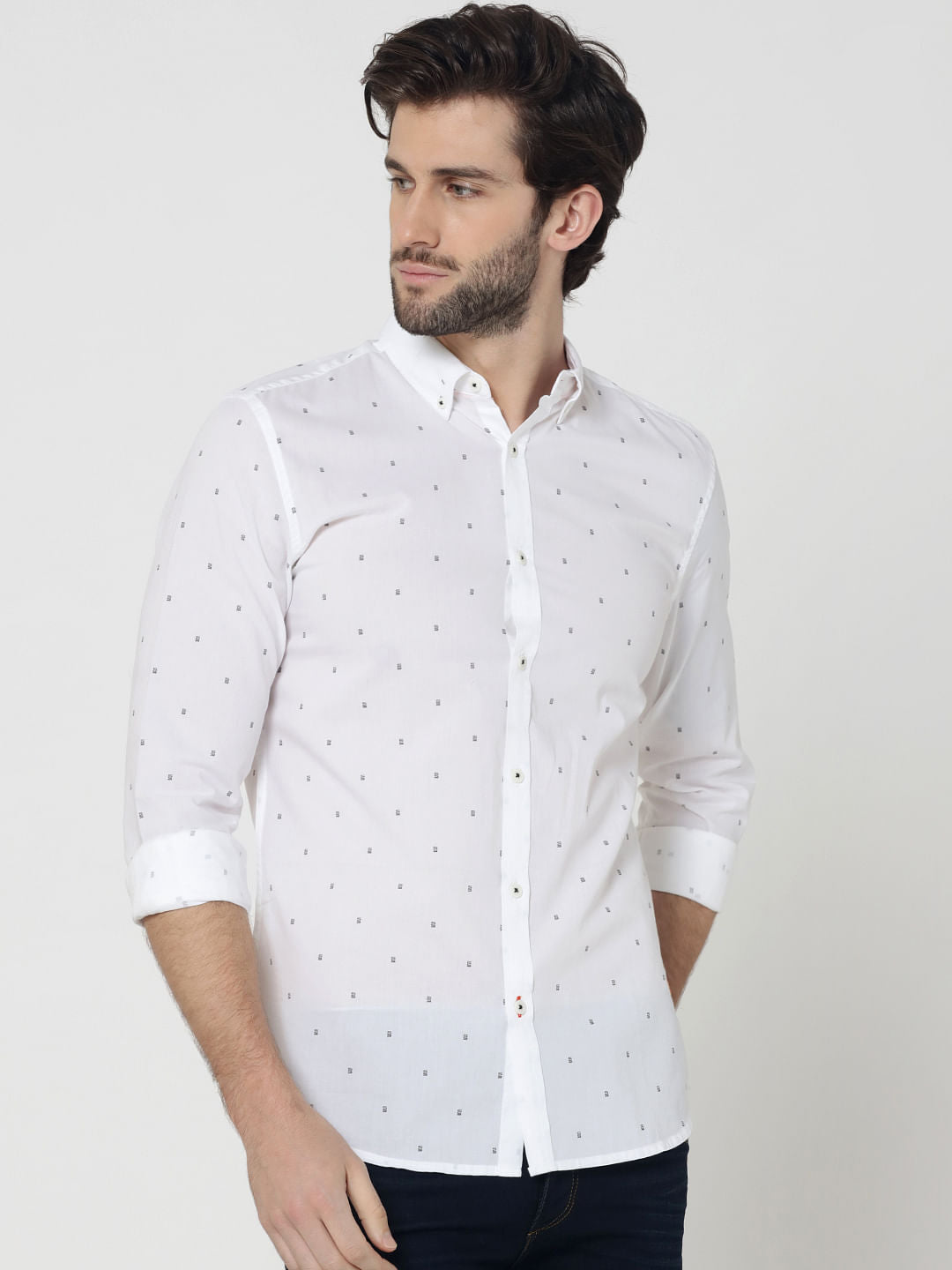 White All Over Print Full Sleeves Linen Shirt - S