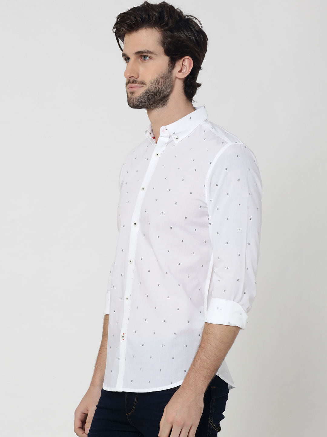White All Over Print Full Sleeves Linen Shirt