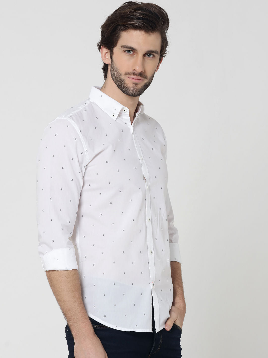 White All Over Print Full Sleeves Linen Shirt