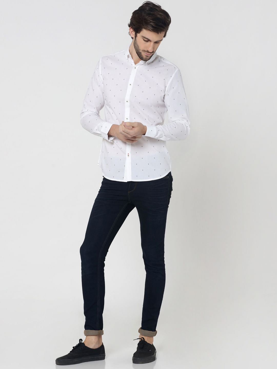 White All Over Print Full Sleeves Linen Shirt
