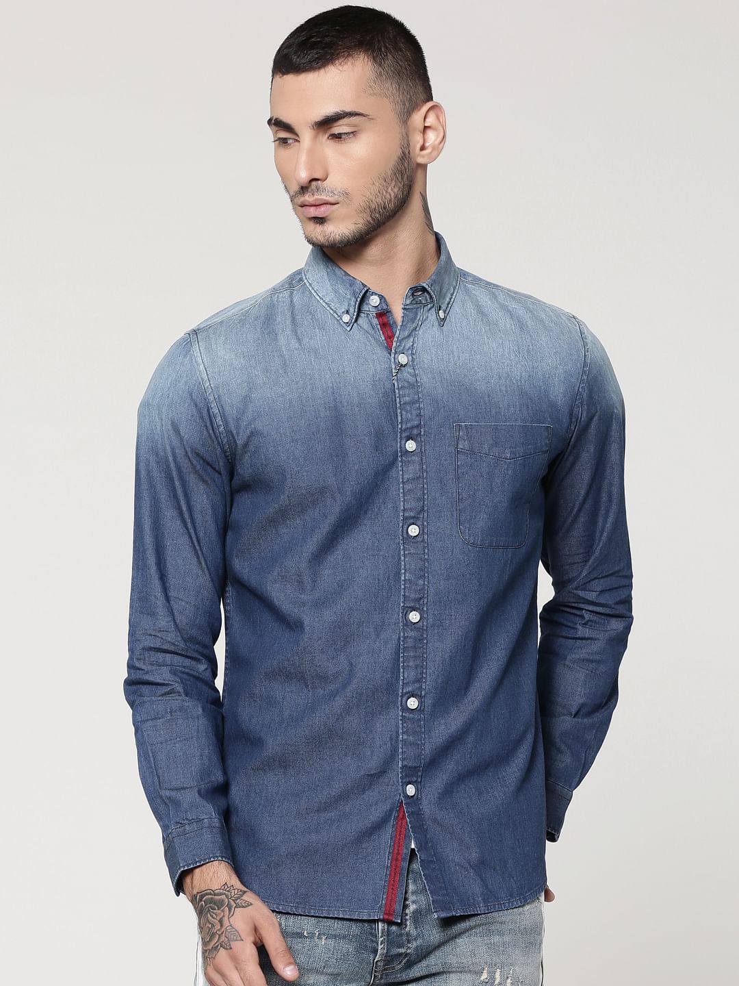 Ombre Blue Denim Full Sleeves Slim Fit Shirt - S