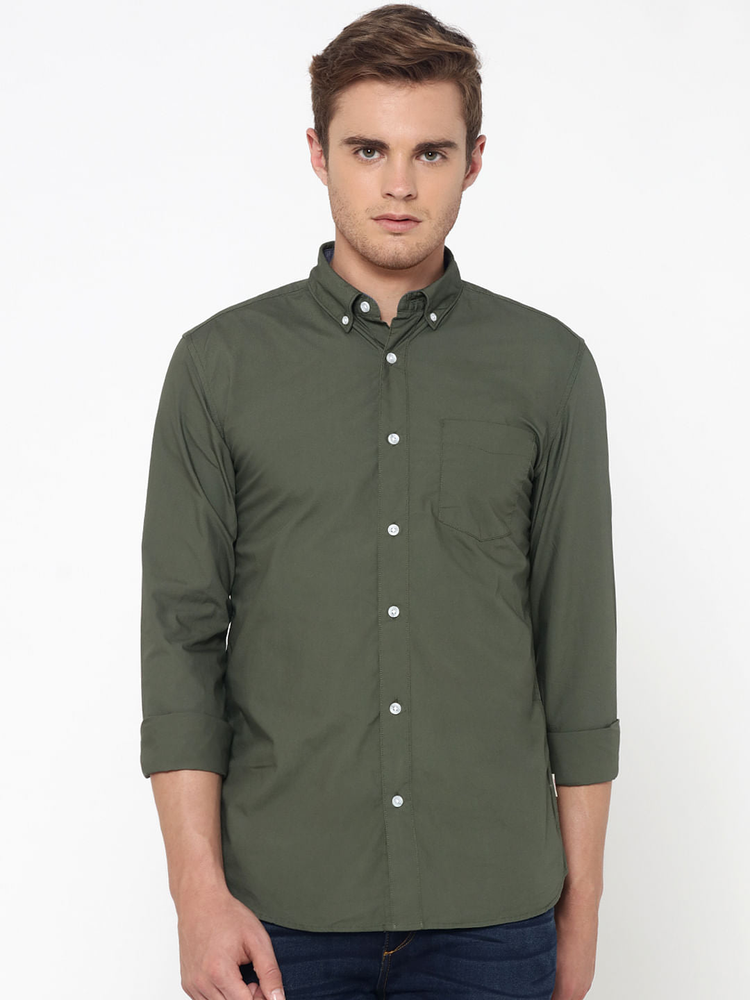 Olive Green One Pocket Slim Fit Shirt
