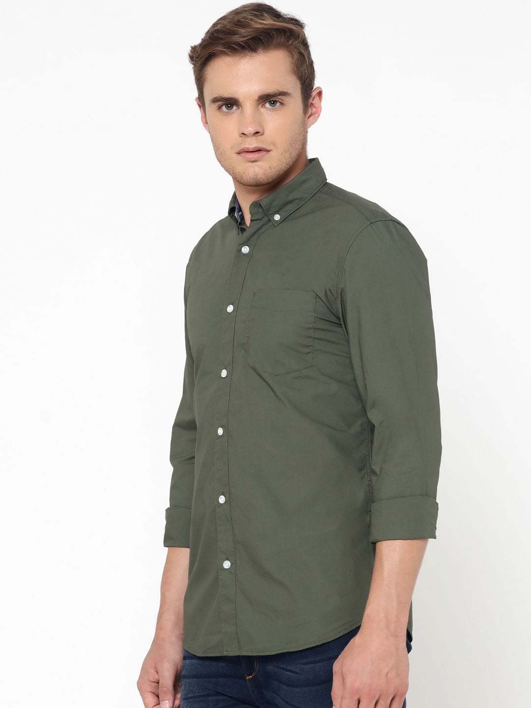 Olive Green One Pocket Slim Fit Shirt