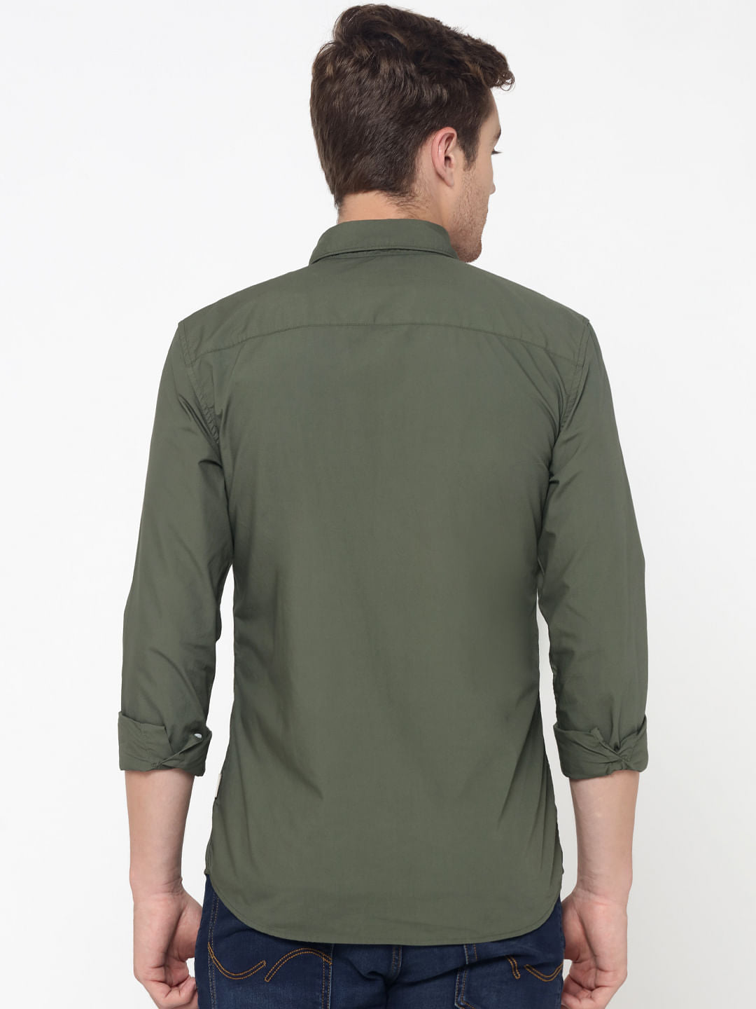Olive Green One Pocket Slim Fit Shirt