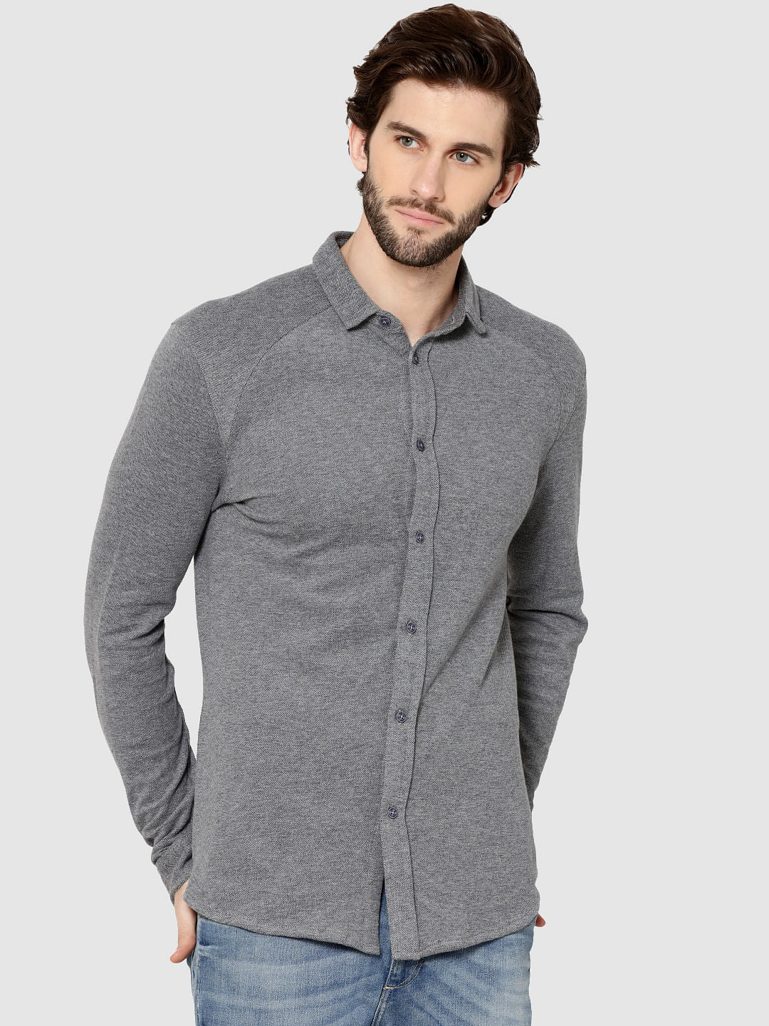 Light Grey Raglan Sleeves Knit Shirt - S