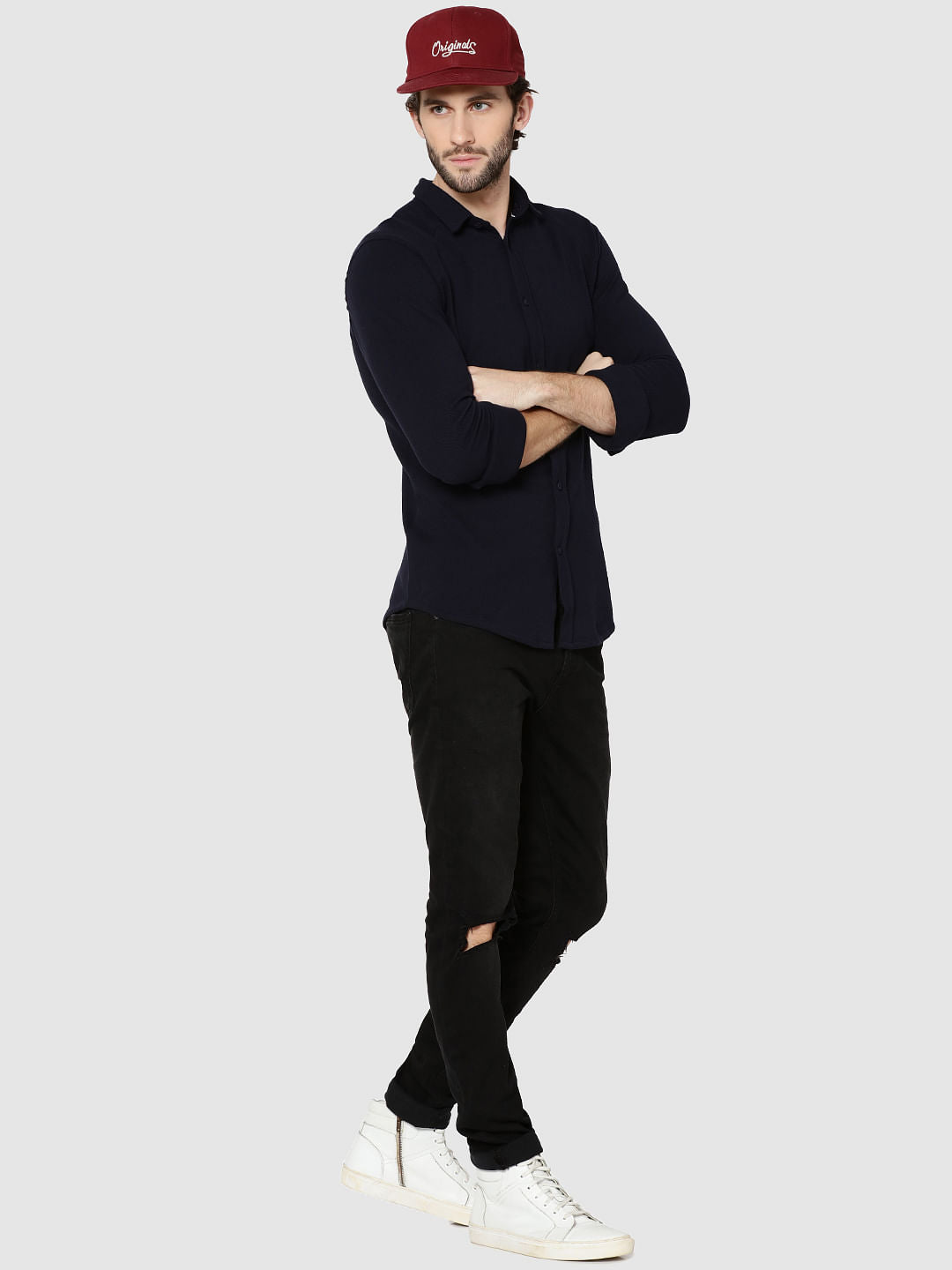 Dark Blue Raglan Sleeves Knit Shirt