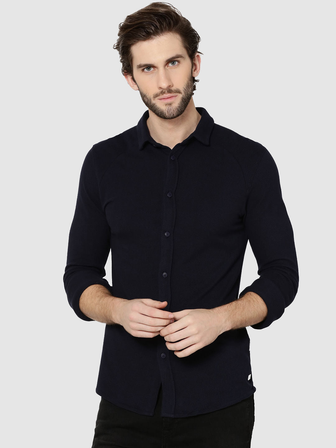 Dark Blue Raglan Sleeves Knit Shirt - S