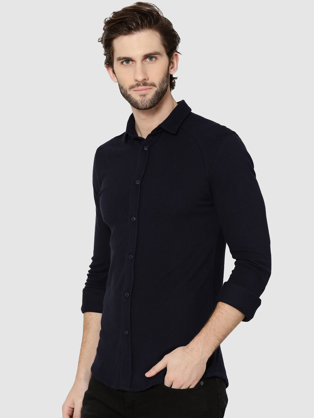 Dark Blue Raglan Sleeves Knit Shirt