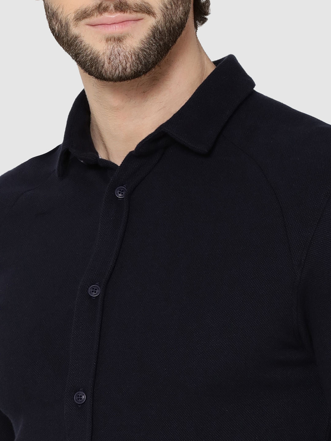 Dark Blue Raglan Sleeves Knit Shirt