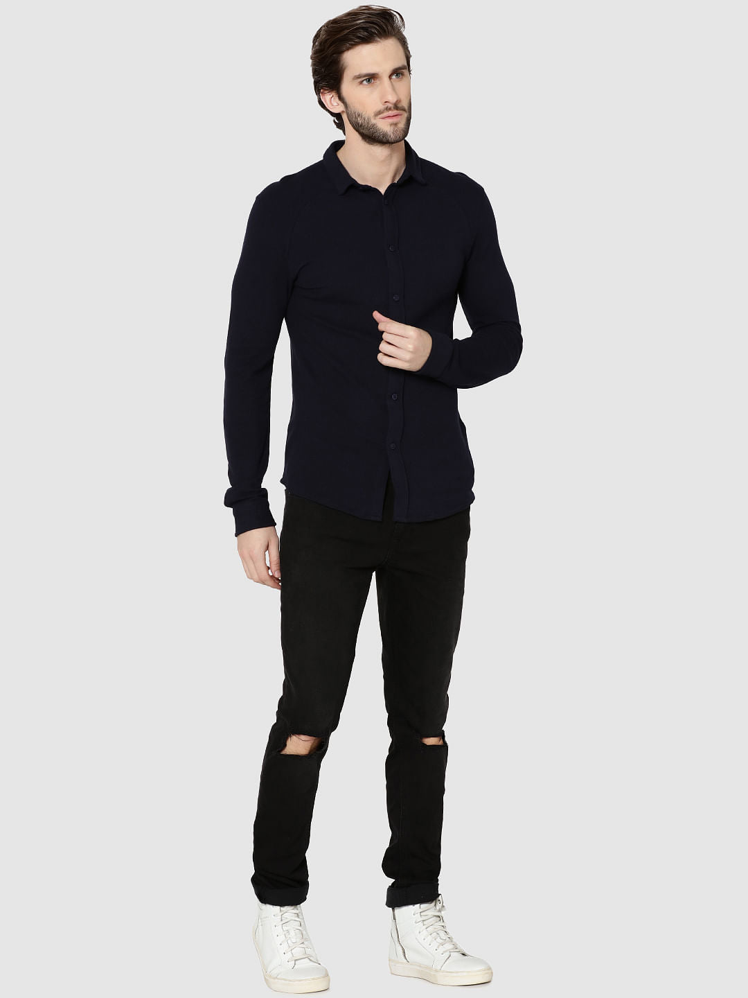 Dark Blue Raglan Sleeves Knit Shirt