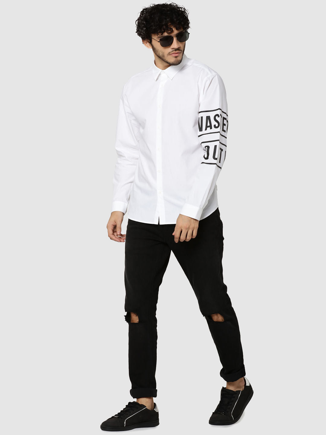 White Text Print Full Sleeves Slim Fit Shirt