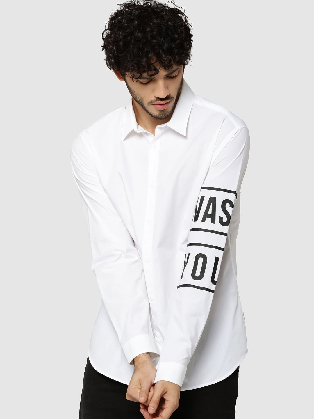 White Text Print Full Sleeves Slim Fit Shirt