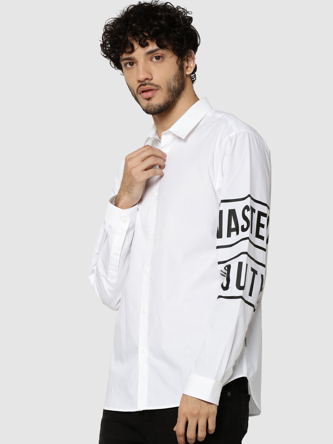 White Text Print Full Sleeves Slim Fit Shirt