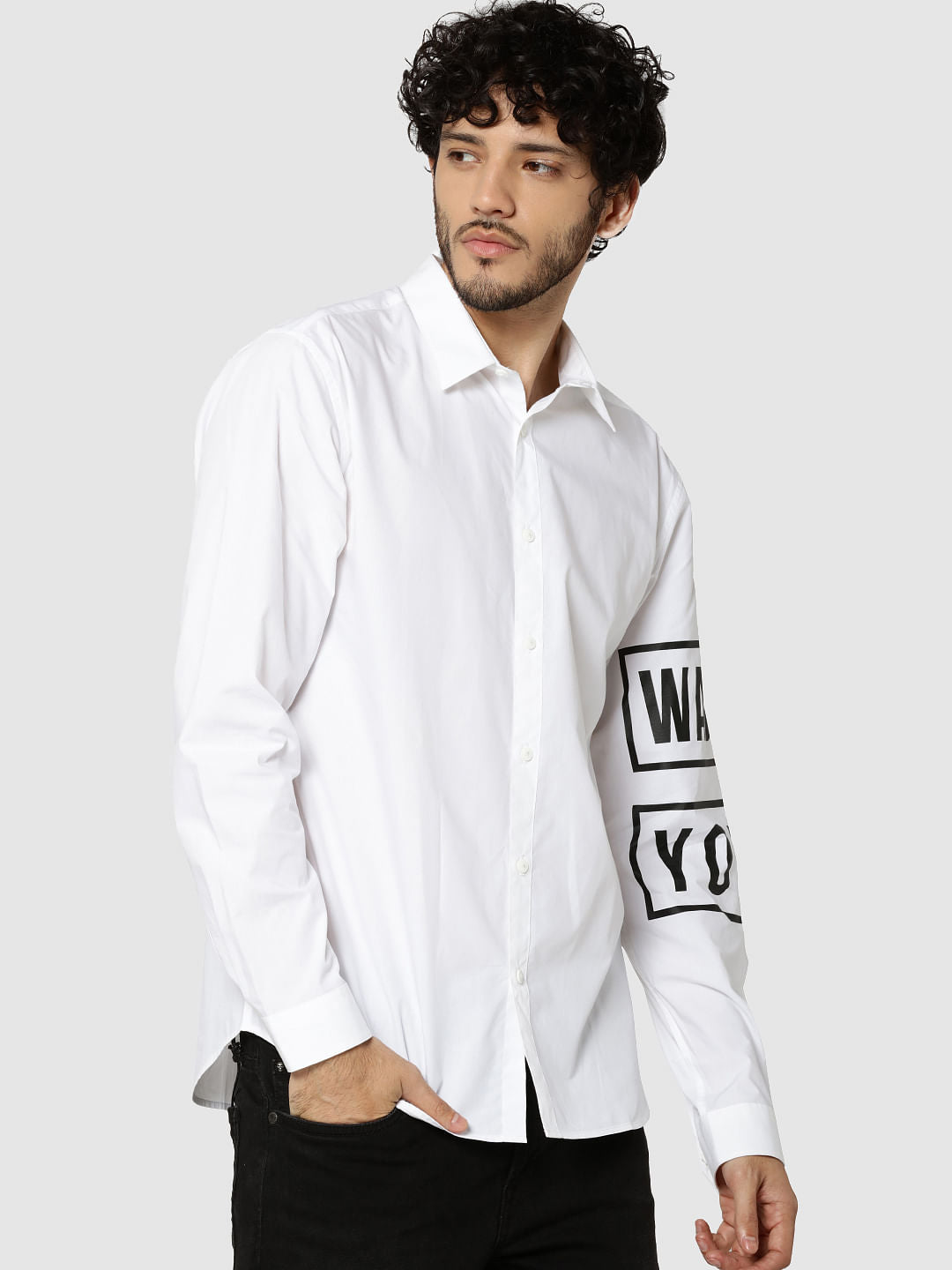 White Text Print Full Sleeves Slim Fit Shirt - S