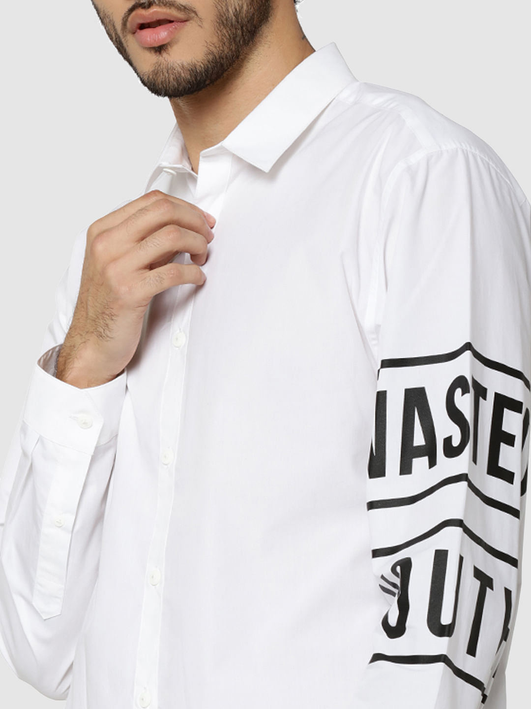 White Text Print Full Sleeves Slim Fit Shirt