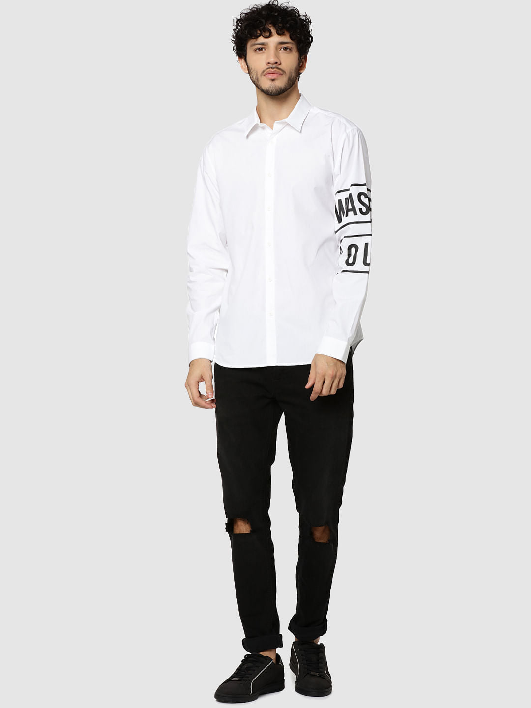White Text Print Full Sleeves Slim Fit Shirt