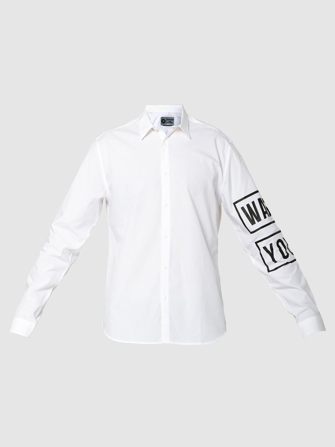 White Text Print Full Sleeves Slim Fit Shirt