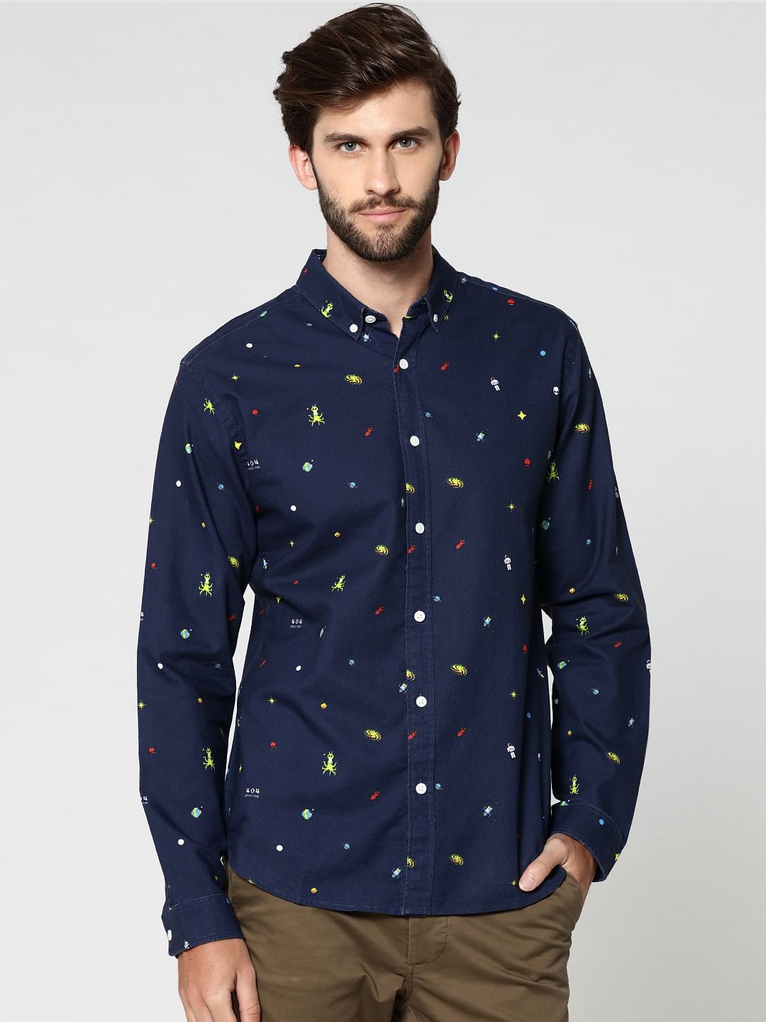 Dark Blue All Over Print Full Sleeves Shirt - S