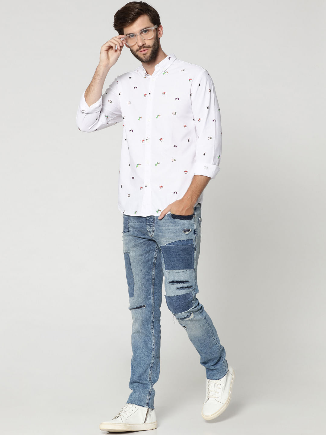 White All Over Print Full Sleeves Shirt