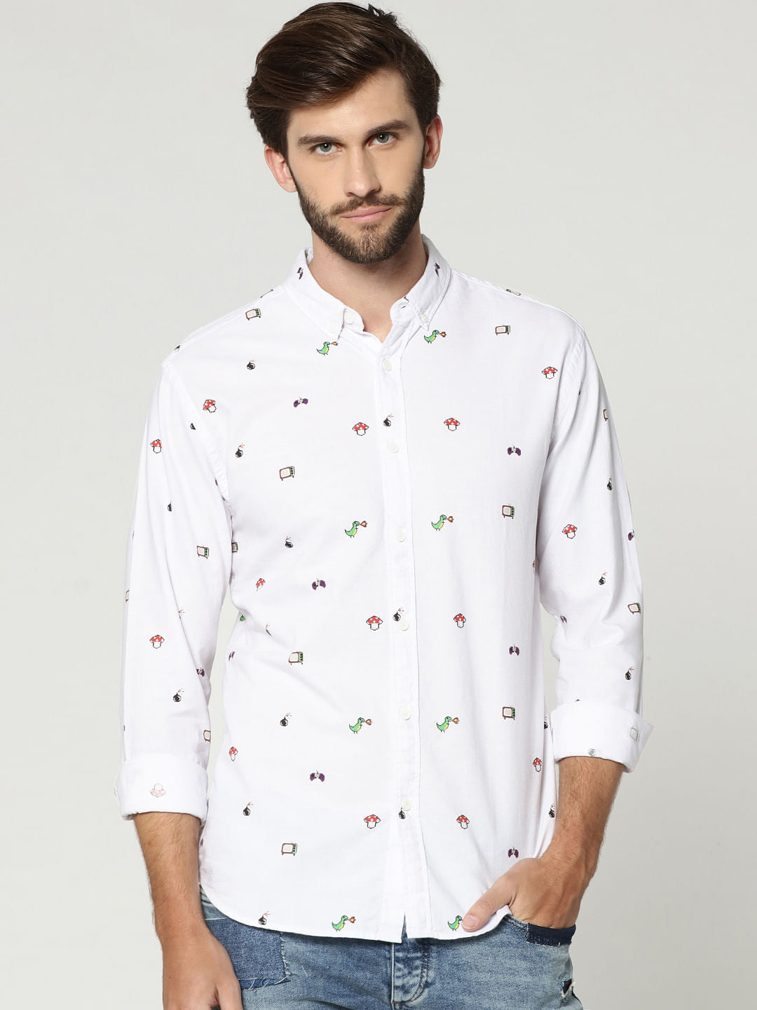White All Over Print Full Sleeves Shirt - S