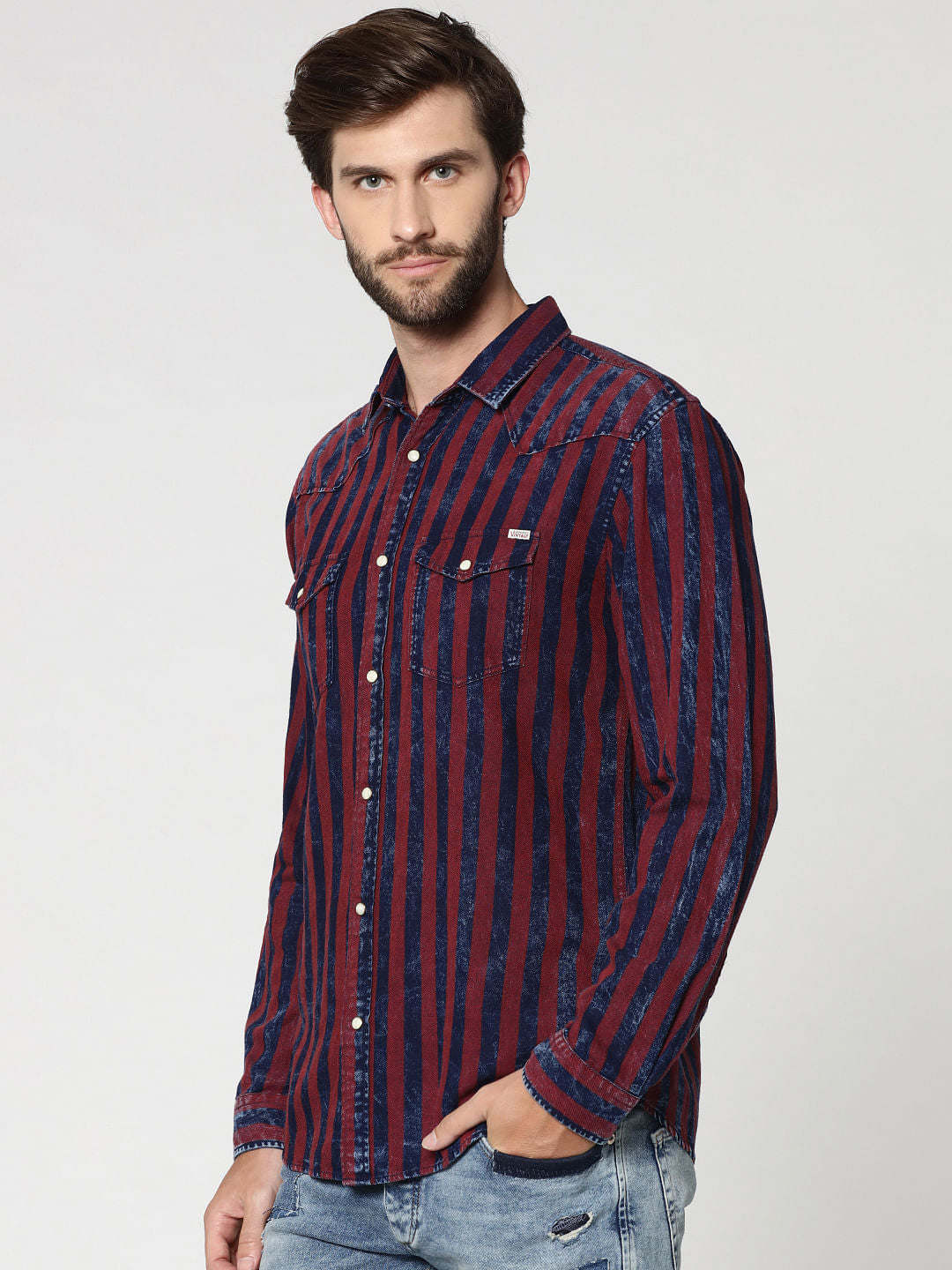 Burgundy Striped Full Sleeves Shirt - S