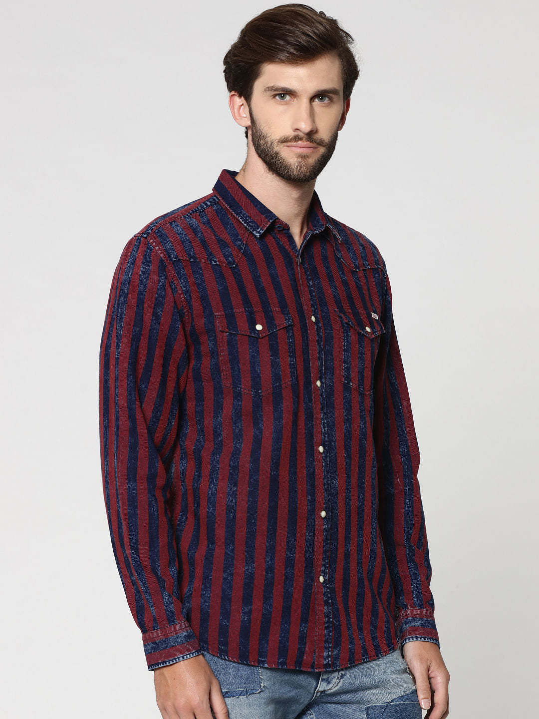 Burgundy Striped Full Sleeves Shirt