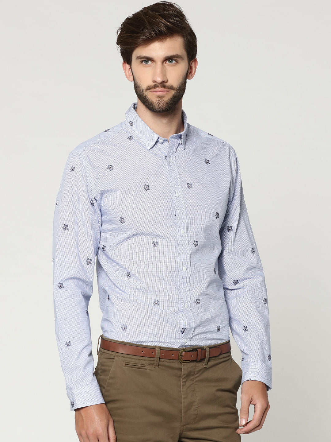 Light Blue Floral Motif Full Sleeves Check Shirt - S
