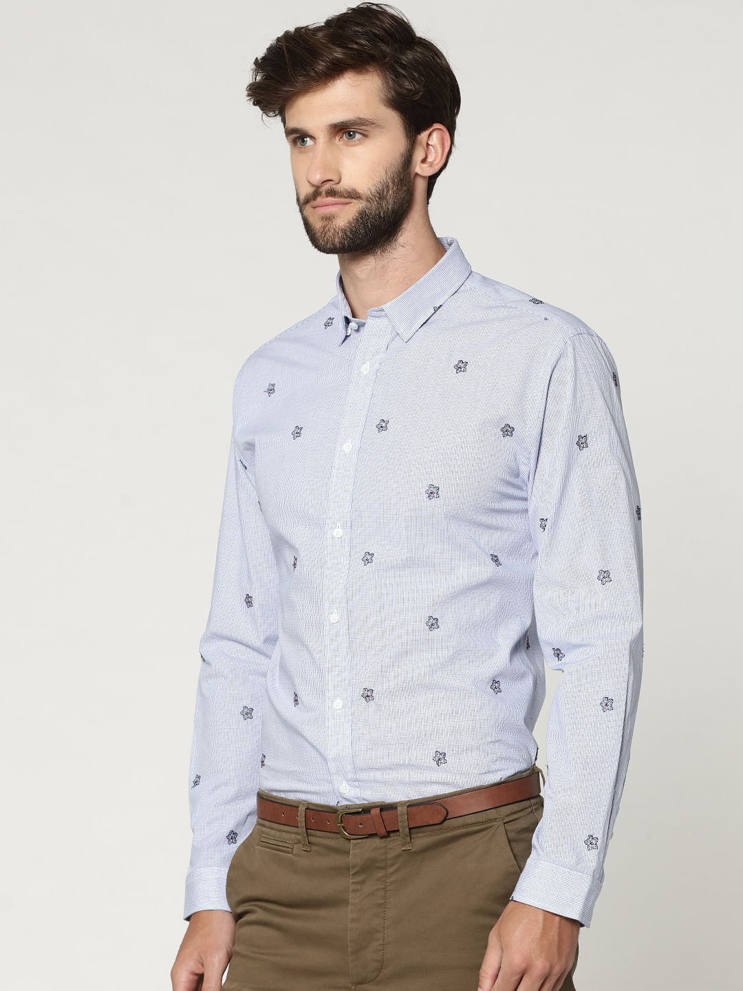 Light Blue Floral Motif Full Sleeves Check Shirt