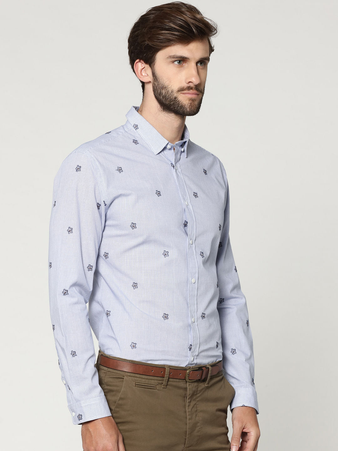 Light Blue Floral Motif Full Sleeves Check Shirt