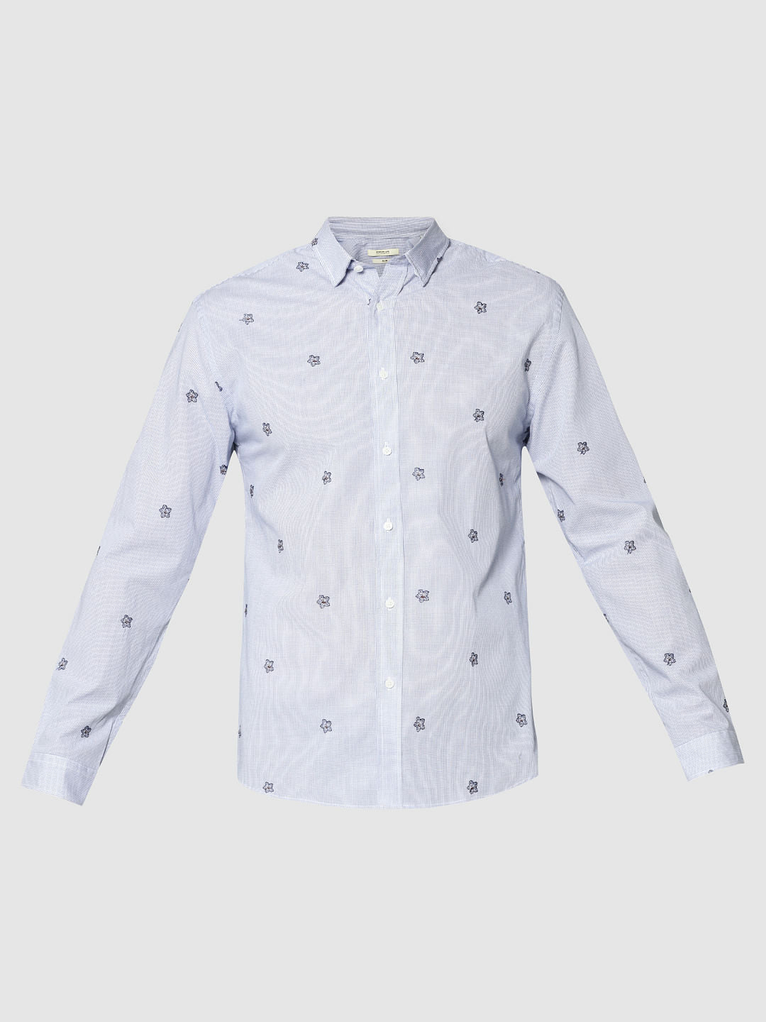 Light Blue Floral Motif Full Sleeves Check Shirt