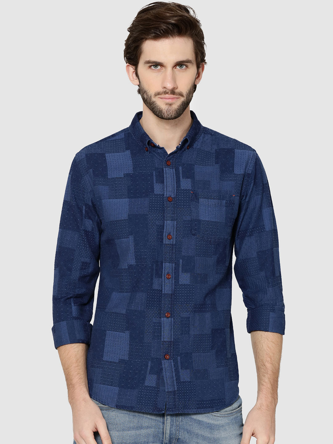 Dark Blue Denim Jacquard Full Sleeves Shirt - S