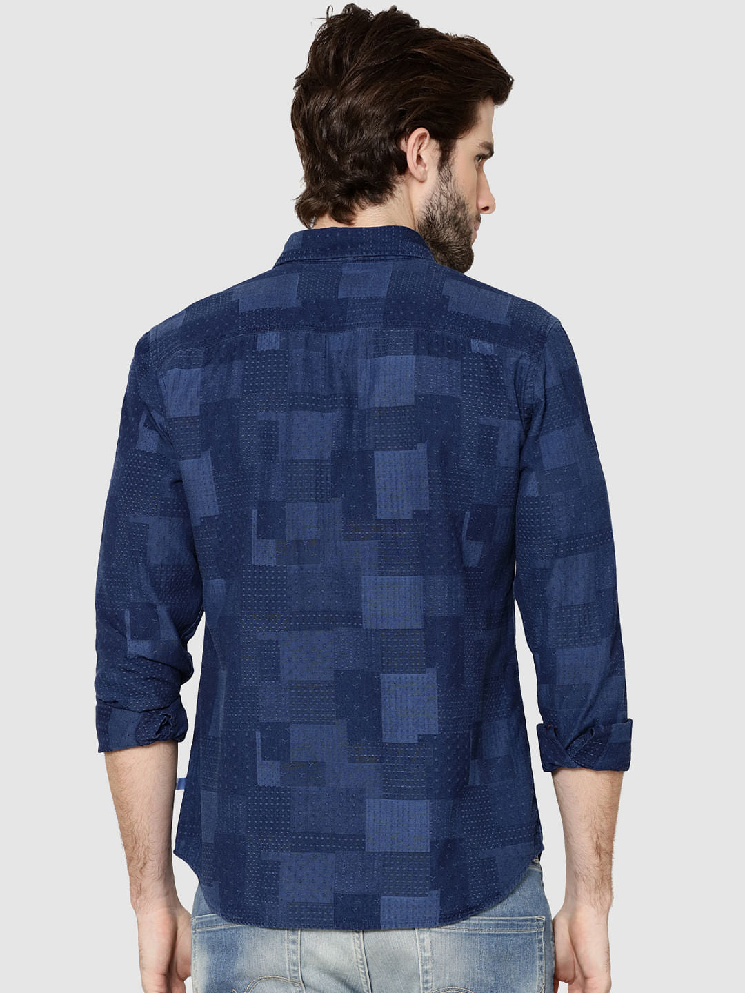 Dark Blue Denim Jacquard Full Sleeves Shirt