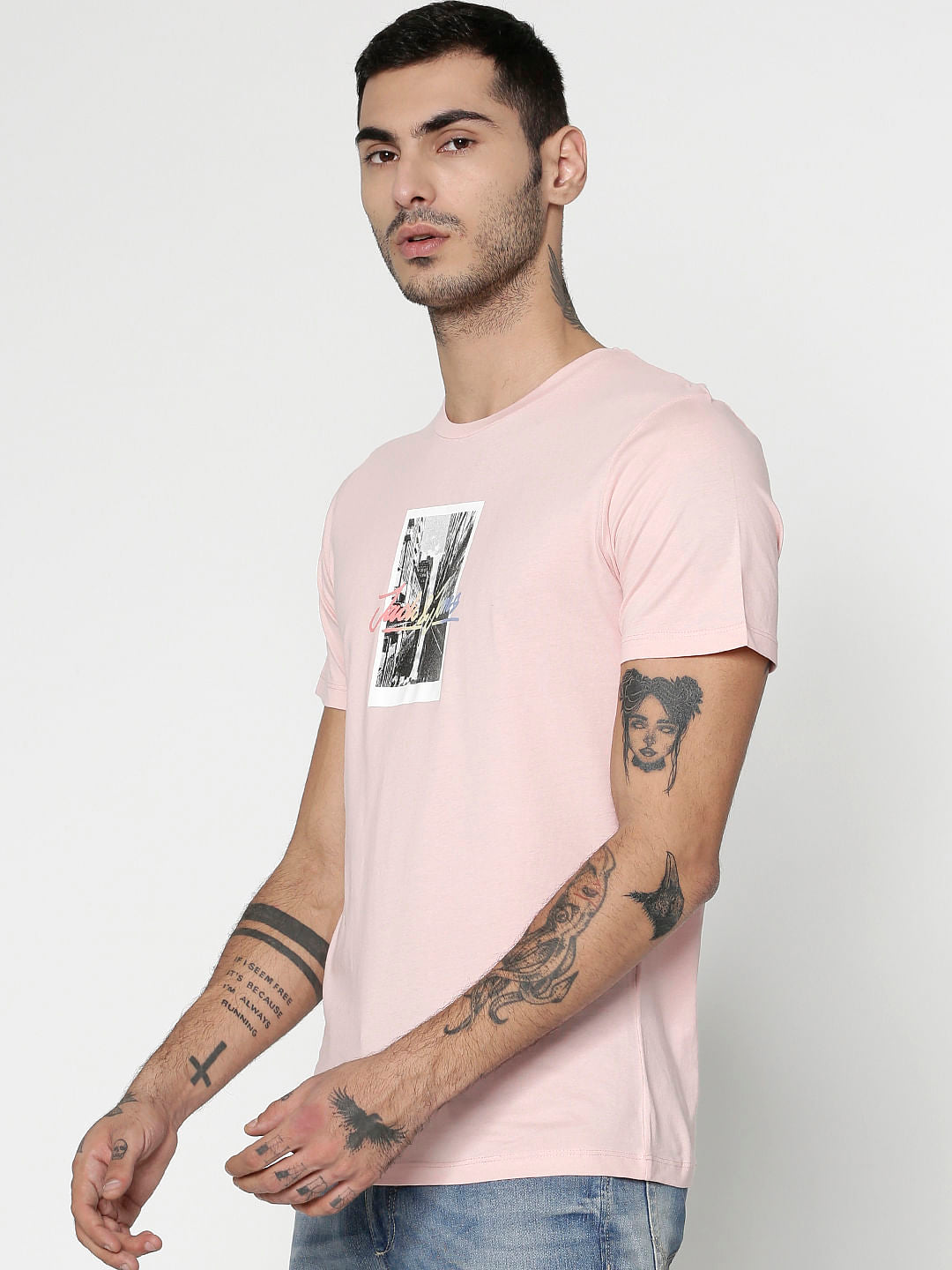 Pink Graphic Print Slim Fit Crew Neck T-Shirt