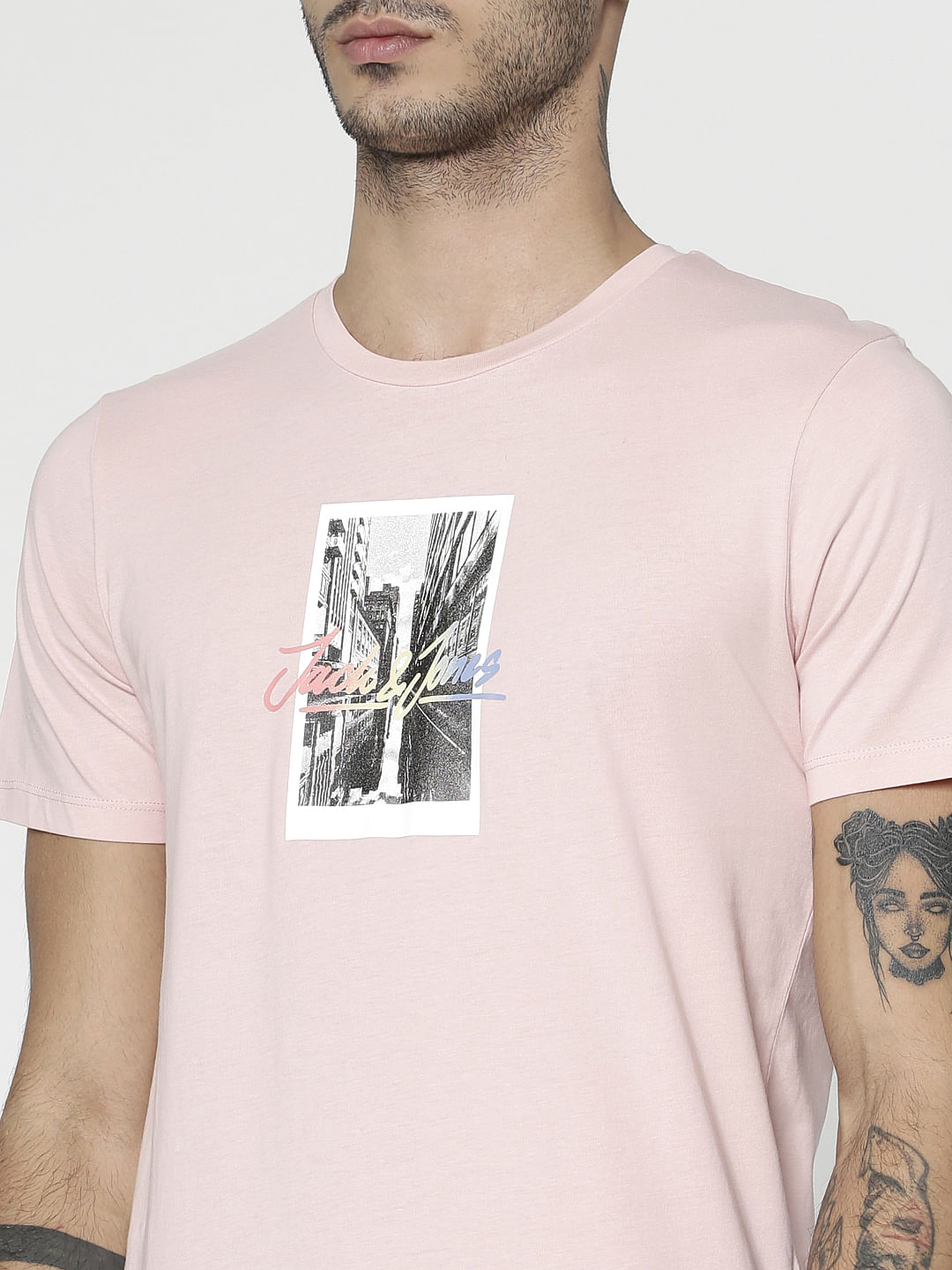Pink Graphic Print Slim Fit Crew Neck T-Shirt