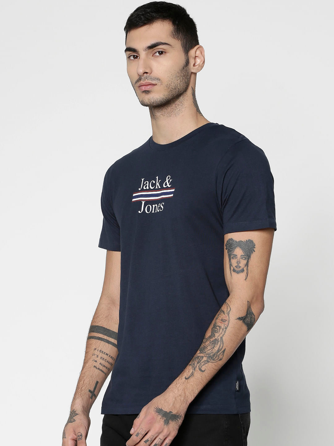 Blue Text Print Crew Neck T-Shirt