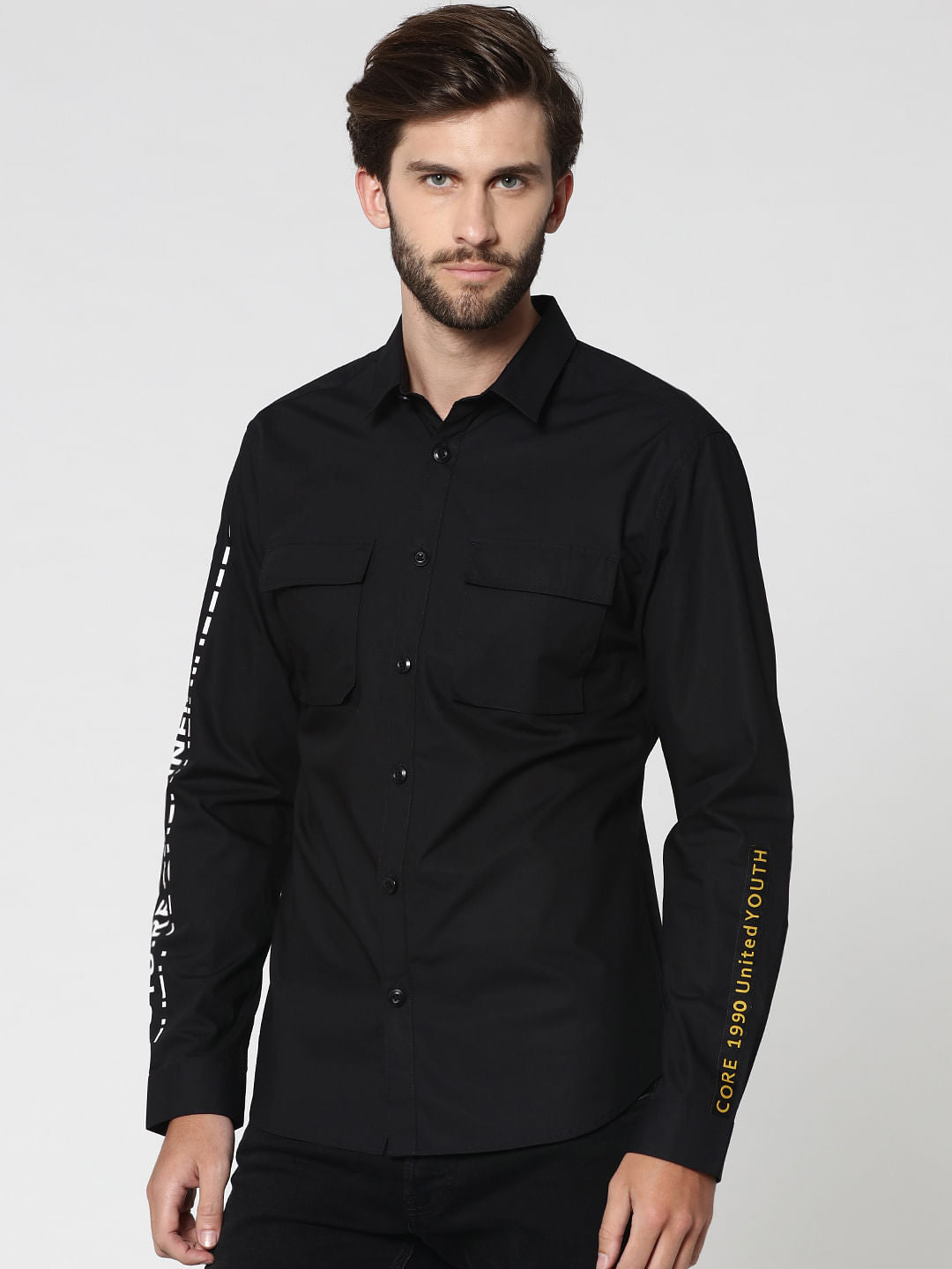 Black Placement Print Two Pocket Full Sleeves Shirt