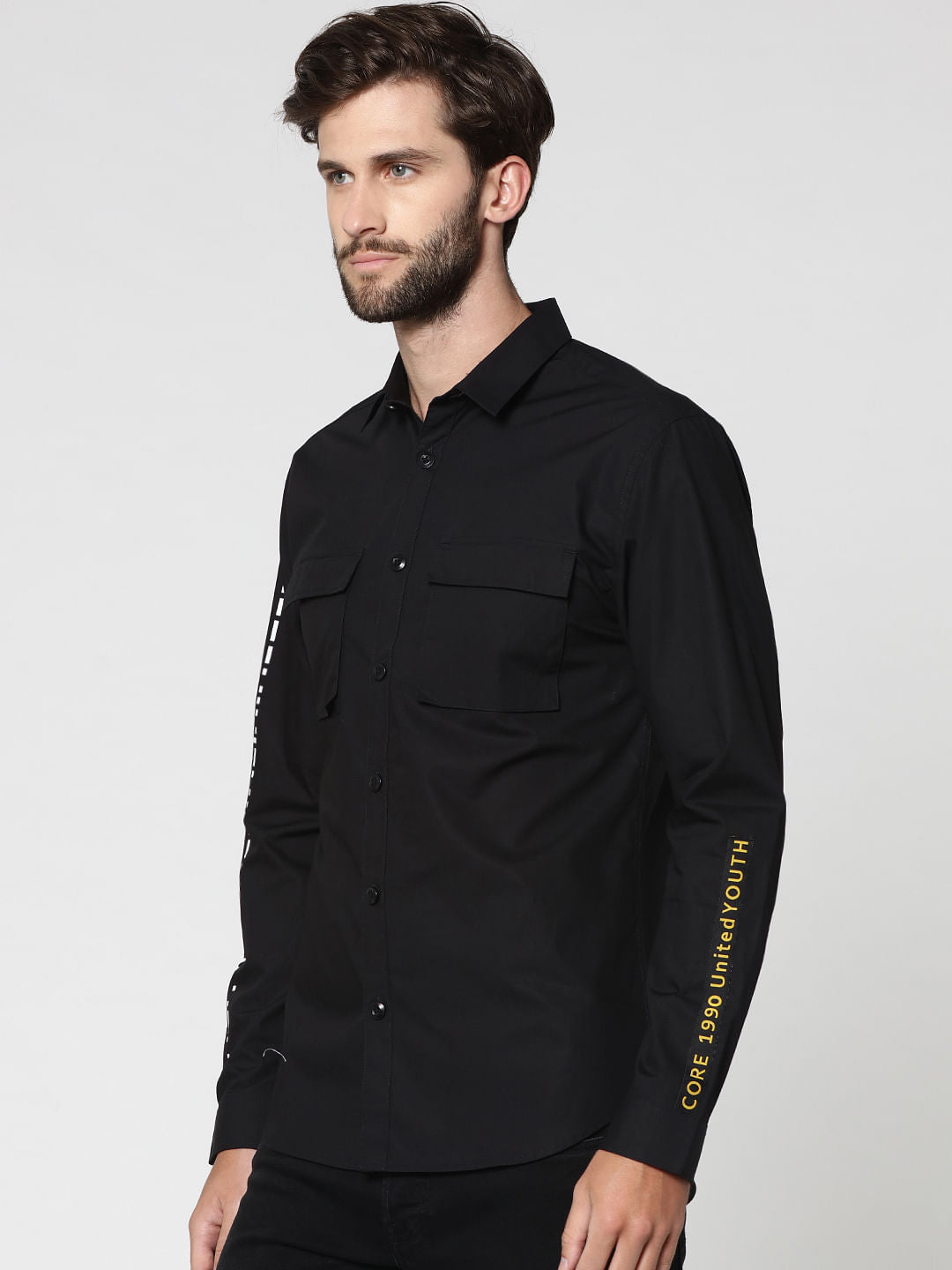 Black Placement Print Two Pocket Full Sleeves Shirt