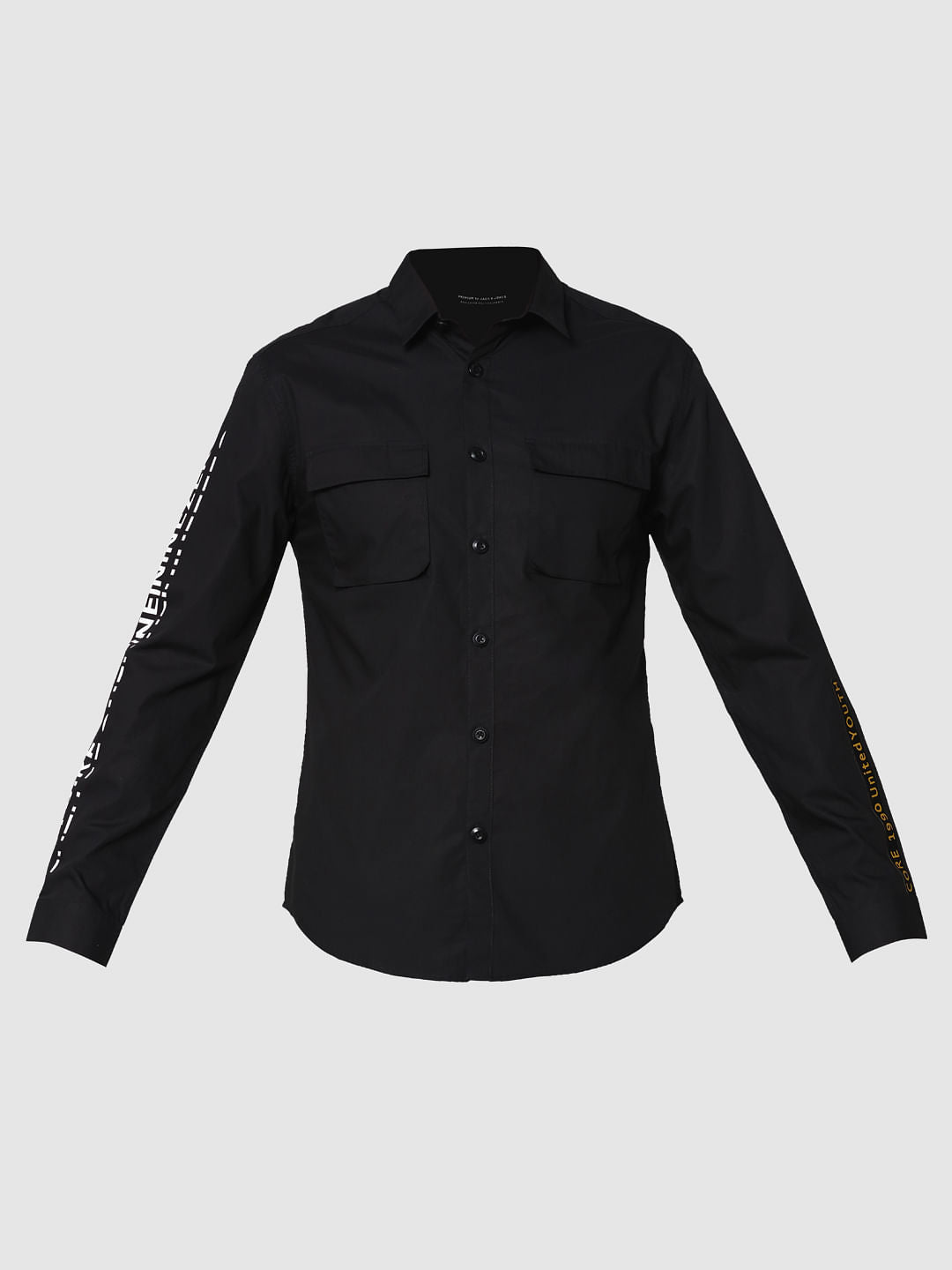 Black Placement Print Two Pocket Full Sleeves Shirt