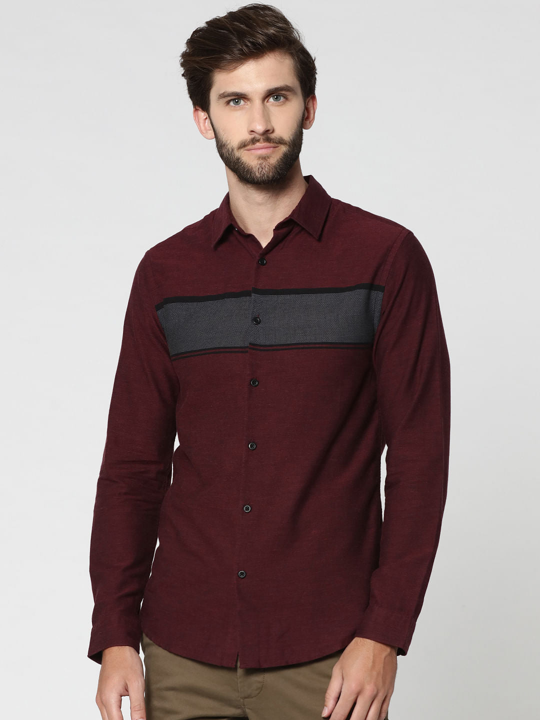 Burgundy Striped Full Sleeves Shirt - S