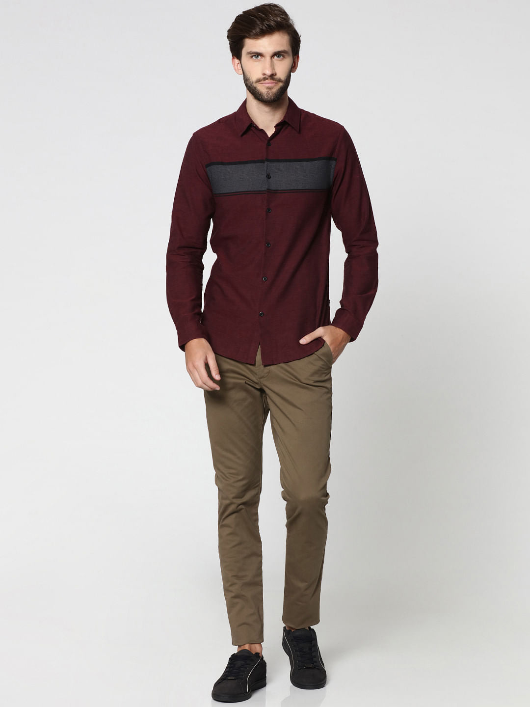 Burgundy Striped Full Sleeves Shirt