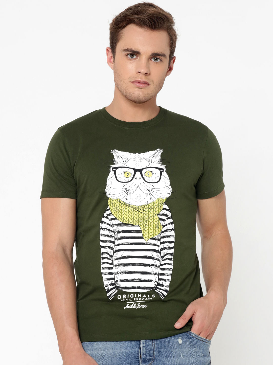 Olive Green Cat Print Crew Neck T-Shirt - S