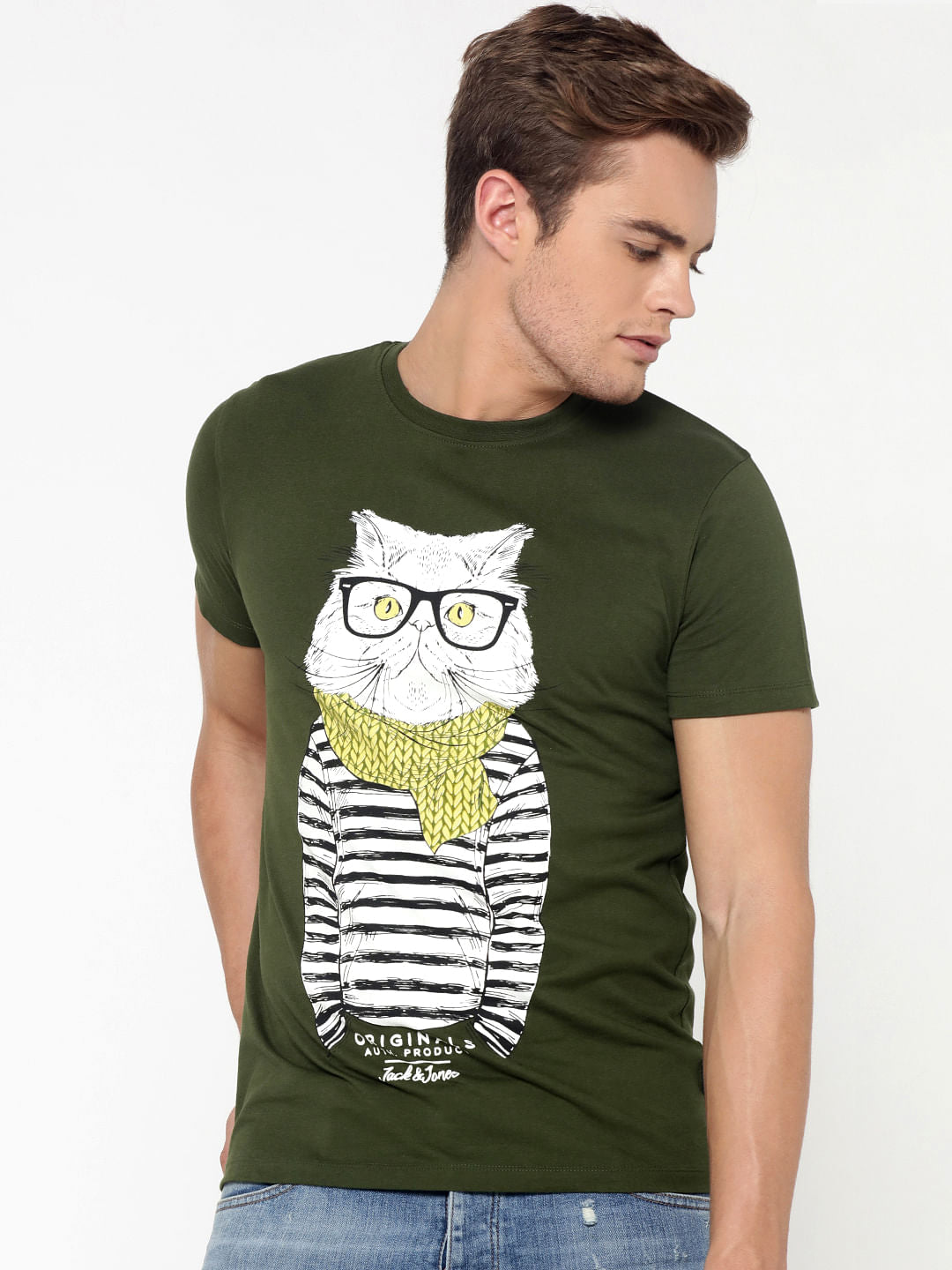 Olive Green Cat Print Crew Neck T-Shirt