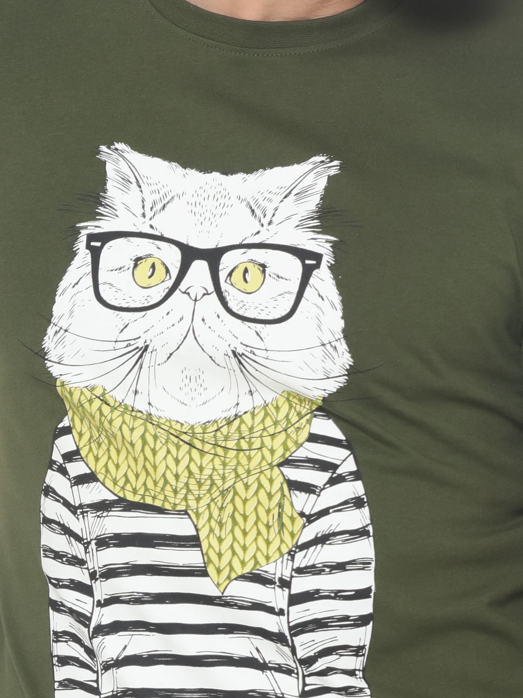 Olive Green Cat Print Crew Neck T-Shirt