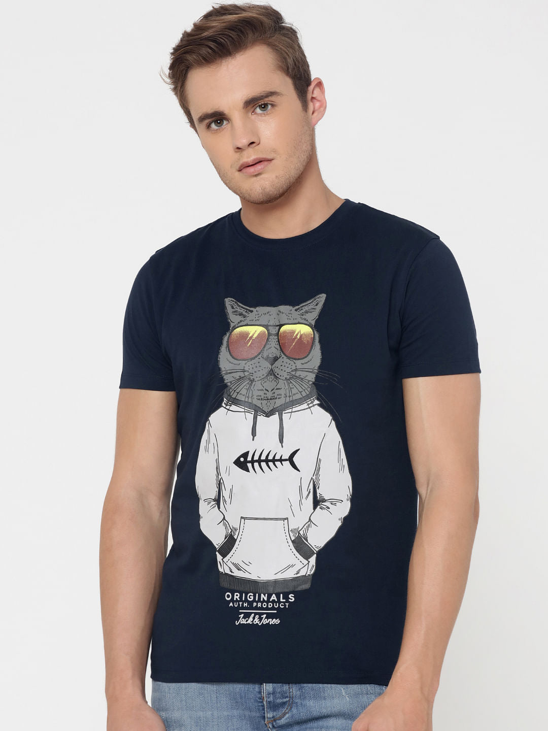 Dark Blue Cat Print Crew Neck T-Shirt - S